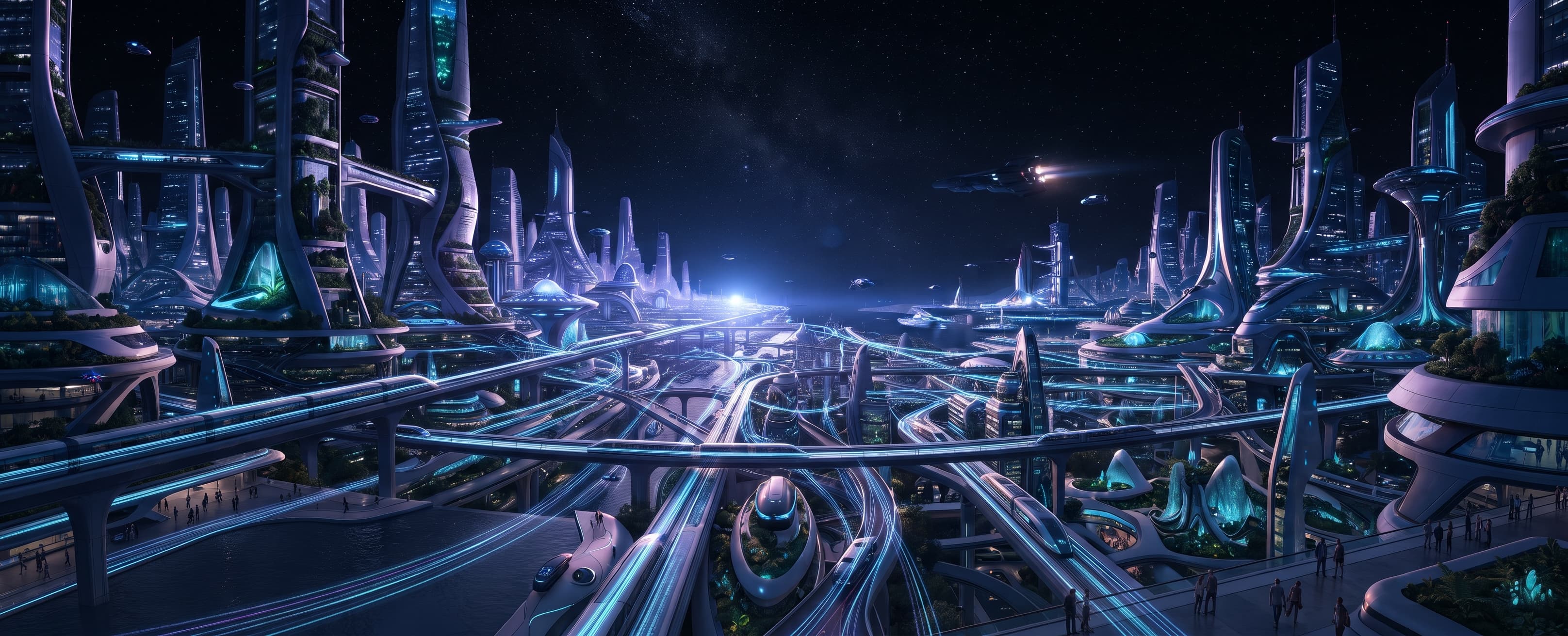 Illuminated pathways connecting a futuristic city