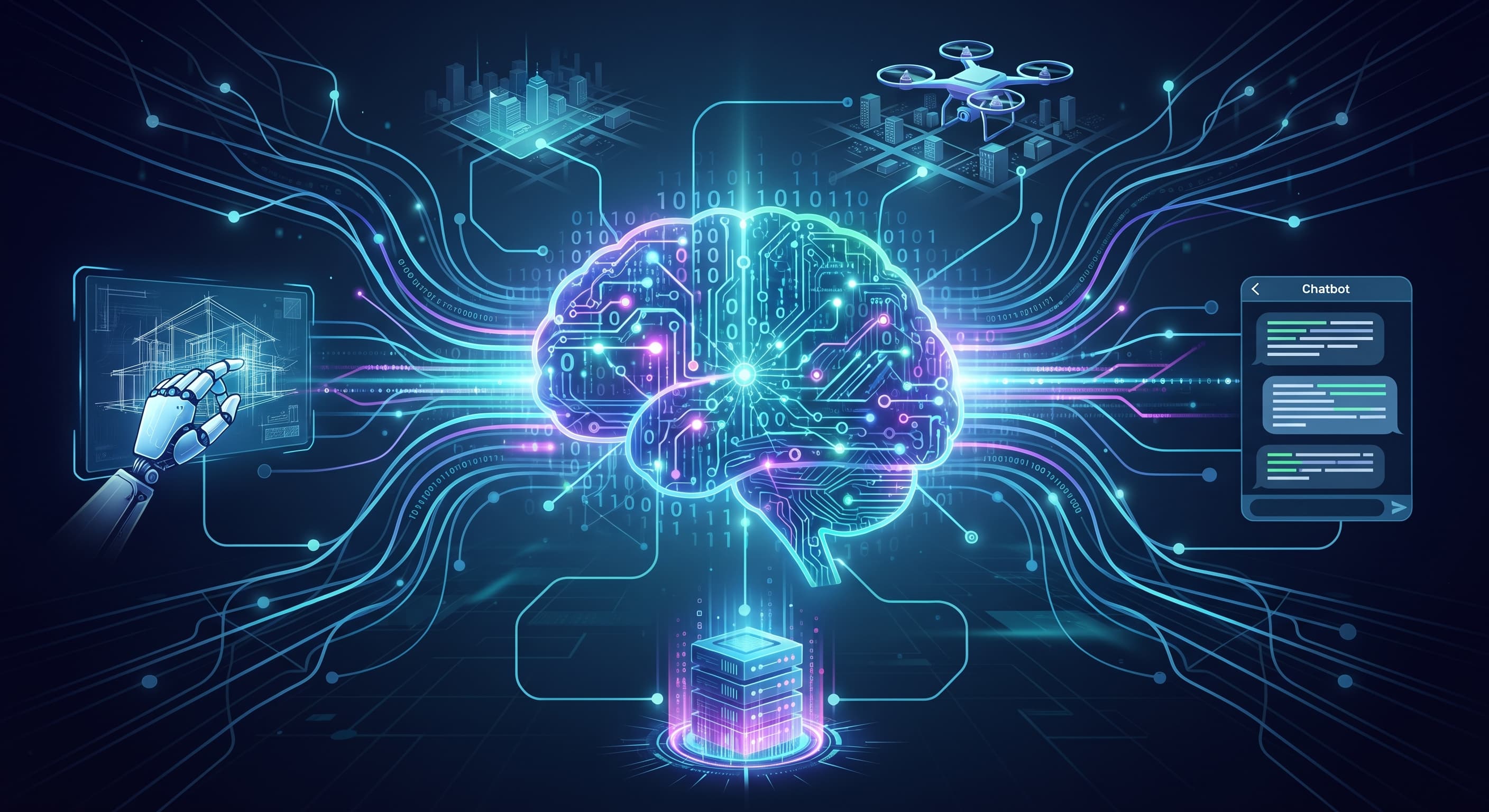 AI network connecting a robotic arm, chatbot and smart devices