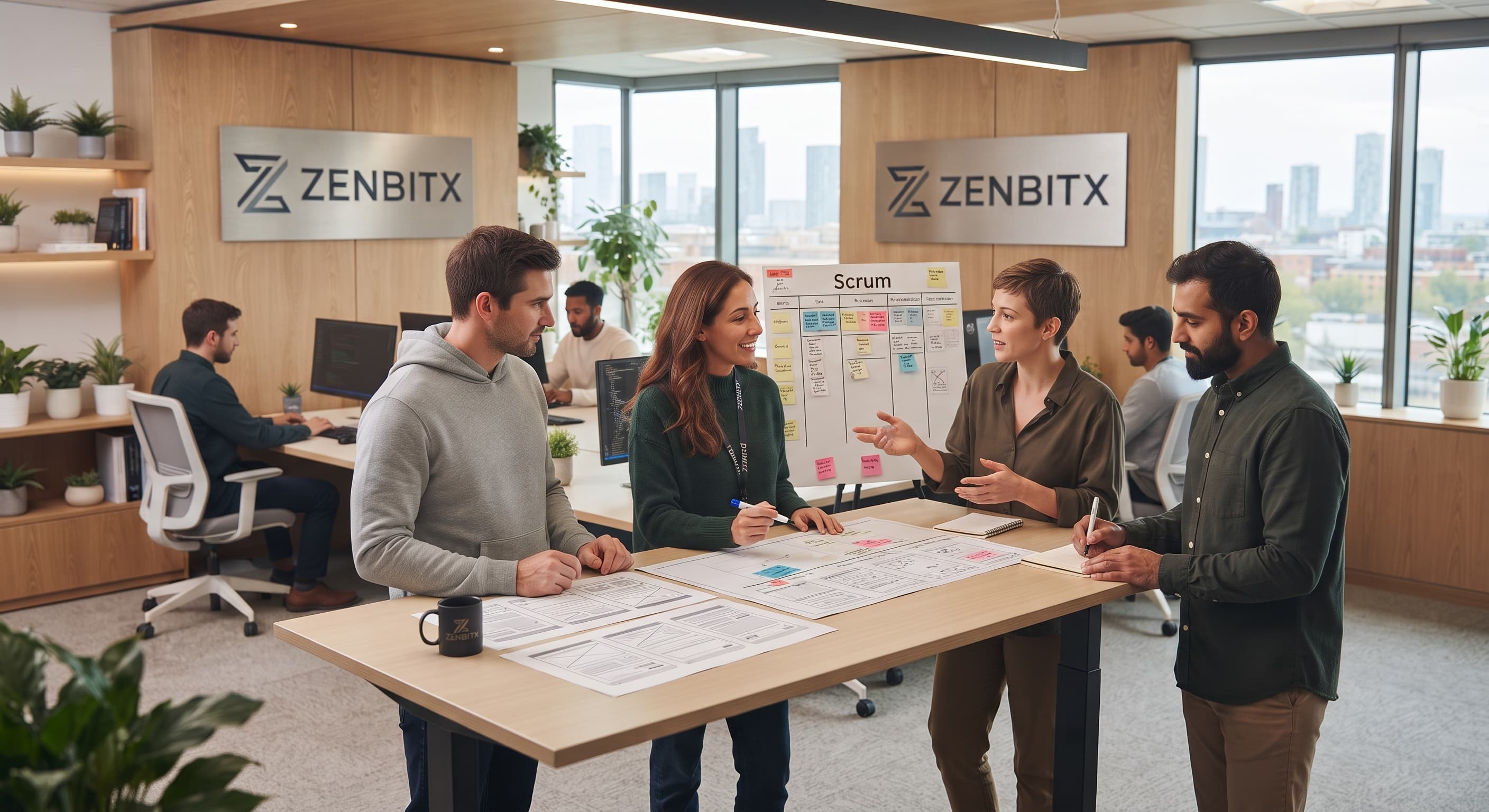 Team planning a project around a shared board and workspace